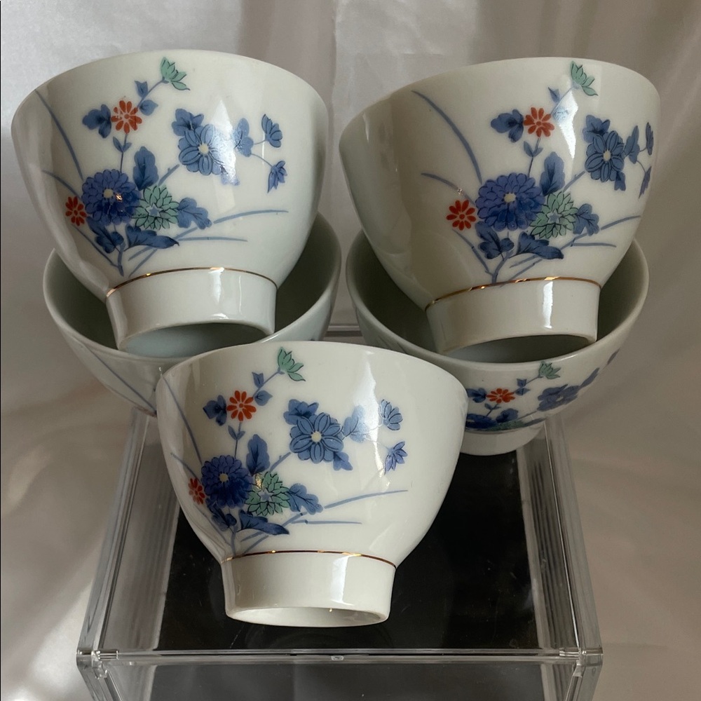 Otagiri Japan Sake Tea Cup Blue Chrysanthemum Flowers Set Of 5
